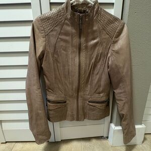 Bernardo Tan Leather Jacket with Stand-Up Collar and Vertical Stitching